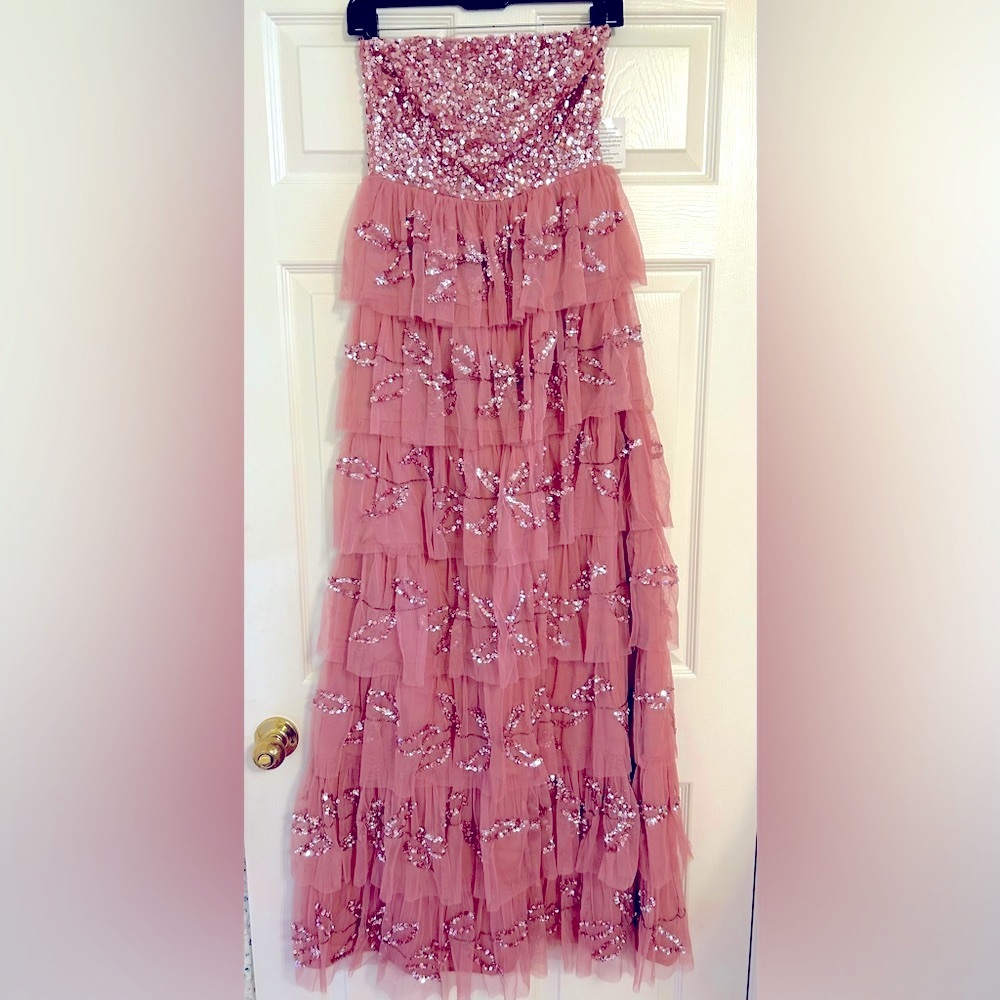 MAYA DELUXE prom/bridesmaid/party/evening dress. Pink ruffle with silver sequins